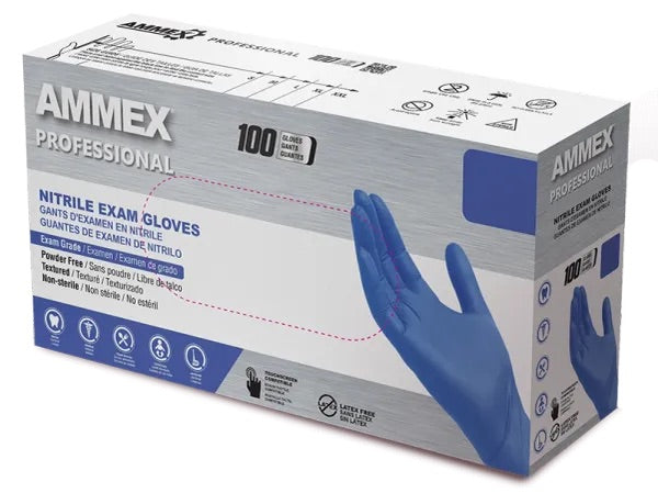 AMMEX Nitrile Exam Grade Gloves. Blue 3 Mil Powder and Latex Free. 100/box