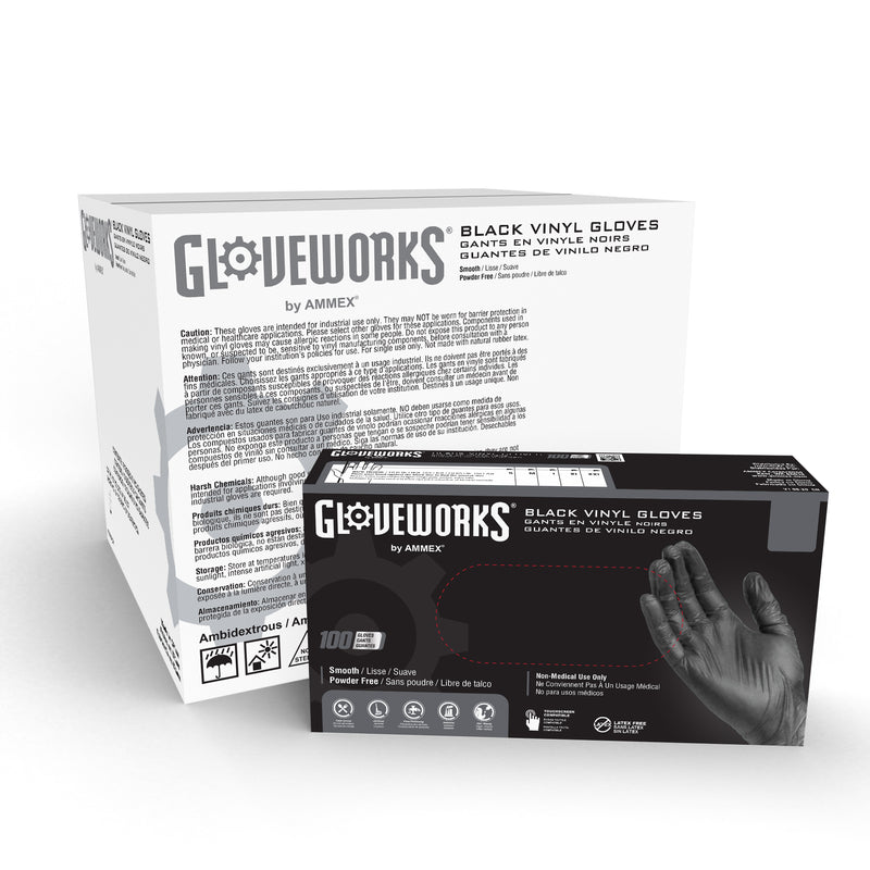 GLOVEWORKS Black Vinyl Industrial Gloves, 3 Mil, Box of 100
