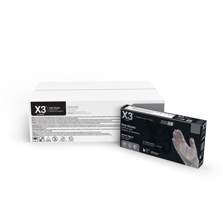 AMMEX X3 Stretch Hybrid Poly, Latex Free, Industrial Disposable Gloves, Small, Clear, 2000/Case