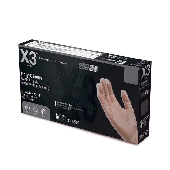 AMMEX X3 Stretch Hybrid Poly, Latex Free, Industrial Disposable Gloves, Small, Clear, 2000/Case